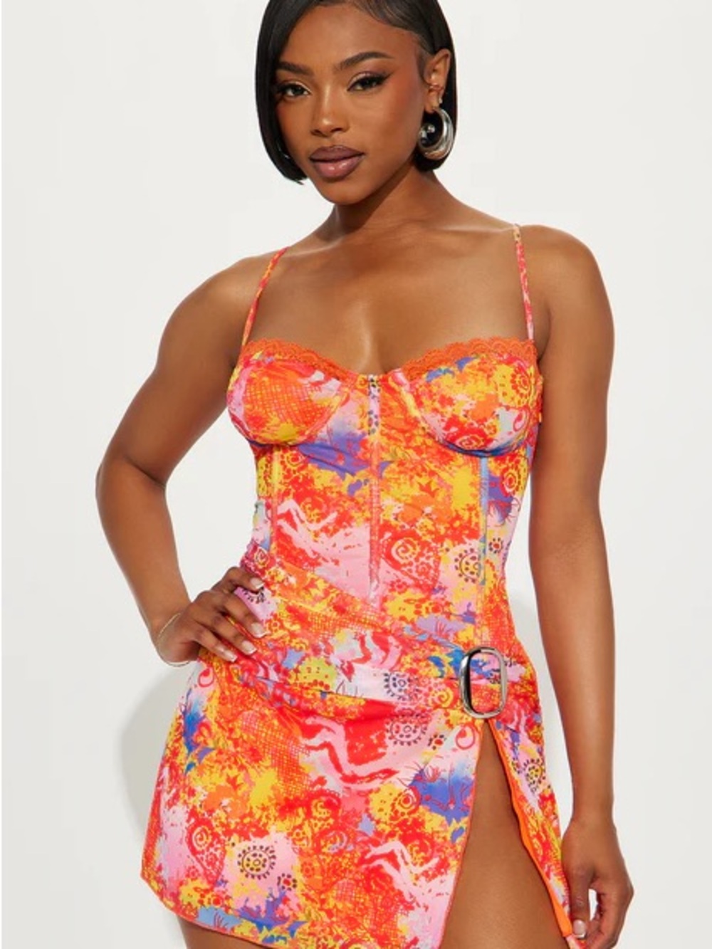 Fashion Nova Stay Daydreaming Micro Mini Dress - Orange/combo LARGE NWOT